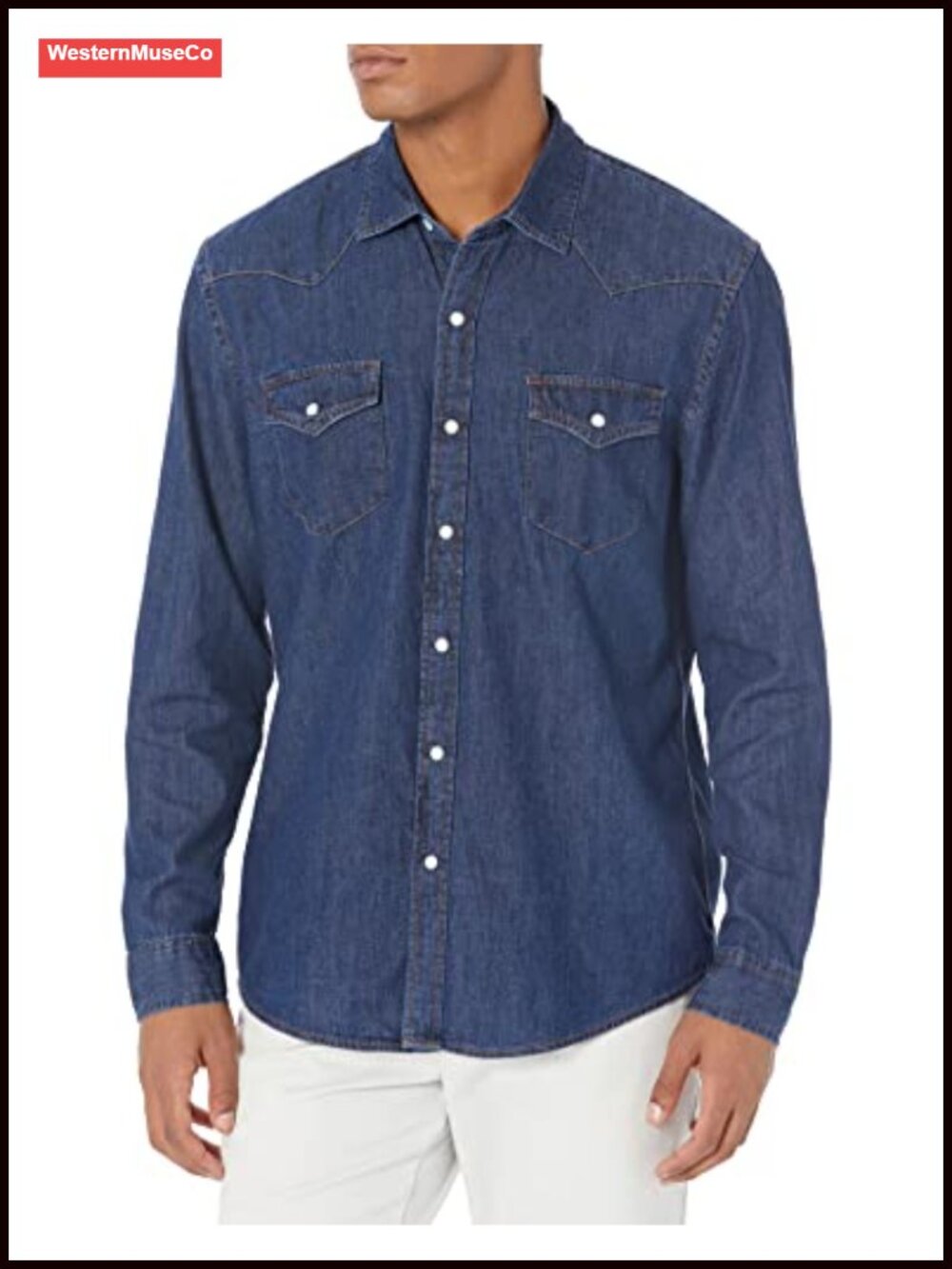 Slim-Fit Long-Sleeve Denim Western Shirt Snap Buttons Lightweight Cotton